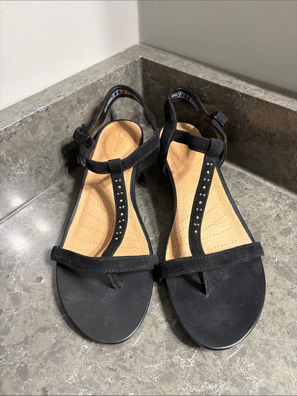 Clarks Black Suede T-Strap Women's Sandals